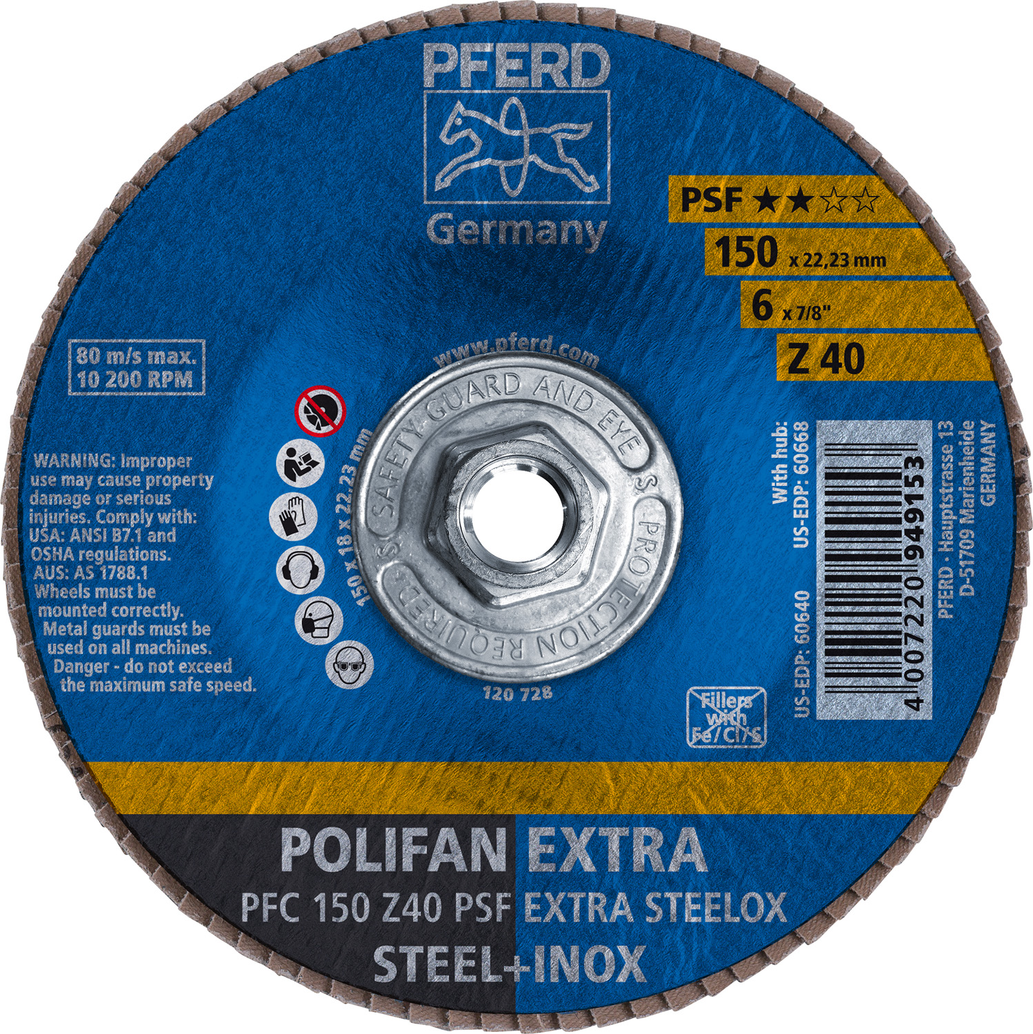 6" x 5/8-11 Thd. POLIFAN® Flap Disc, Z PSF EXTRA STEELOX, Zirconia, 40 Grit, Conical